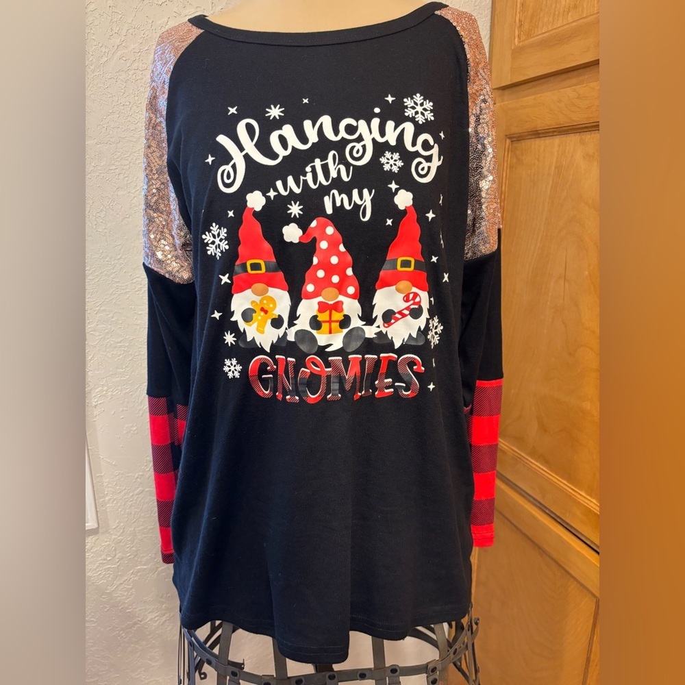 Christmas Graphic Top Large. Black Sequins Sleeve Plaid Hoiday Shirt